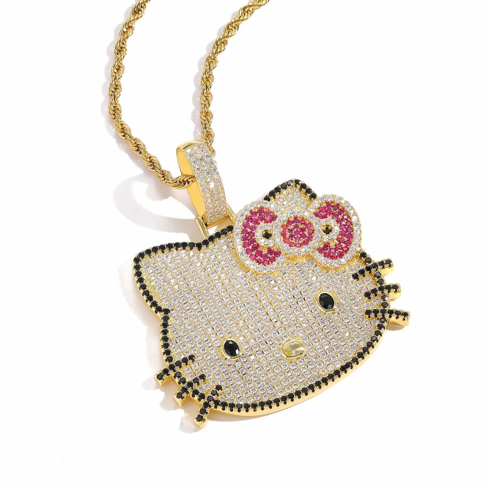 Pendentif chat dessin animé Kitty mignon collier de chat hip-hop rose incrusté de pendentif en zircon