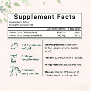 300 Cápsulas Blandas OEM de Vitamina <span class=keywords><strong>D3</strong></span> <span class=keywords><strong>K2</strong></span> 10000UI + 200mcg MK-7 con Aceite de Coco, Suplemento de Alta Potencia para el Sistema Inmunitario y los Huesos - Product Image 6