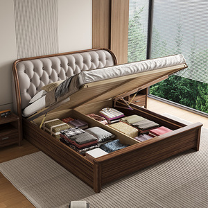 Lit de rangement en bois de rose massif 1,8 m avec tête de lit capitonnée, mobilier de chambre à coucher - Product Image 3