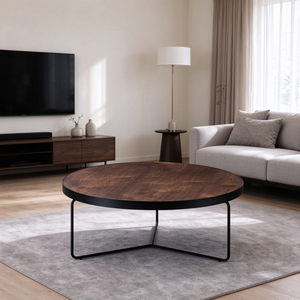 Ineinanderstellbares Couchtisch-Set aus 2 runden Tischen mit Walnussholzplatte und schwarzem Metallgestell für Wohnzimmer, Apartment, Villa, Lounge - Product Image 3