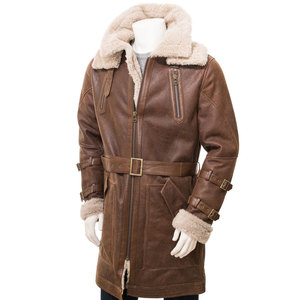 Manteau long en peau de mouton véritable pour homme, style parka, 3/4 de longueur, marron - Product Image 1