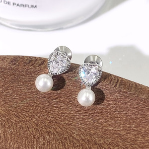 Korean Trendy 18k Gold Plated Waterproof Cubic Zirconia Pearl Heart Stud Earrings for Women - Product Image 5