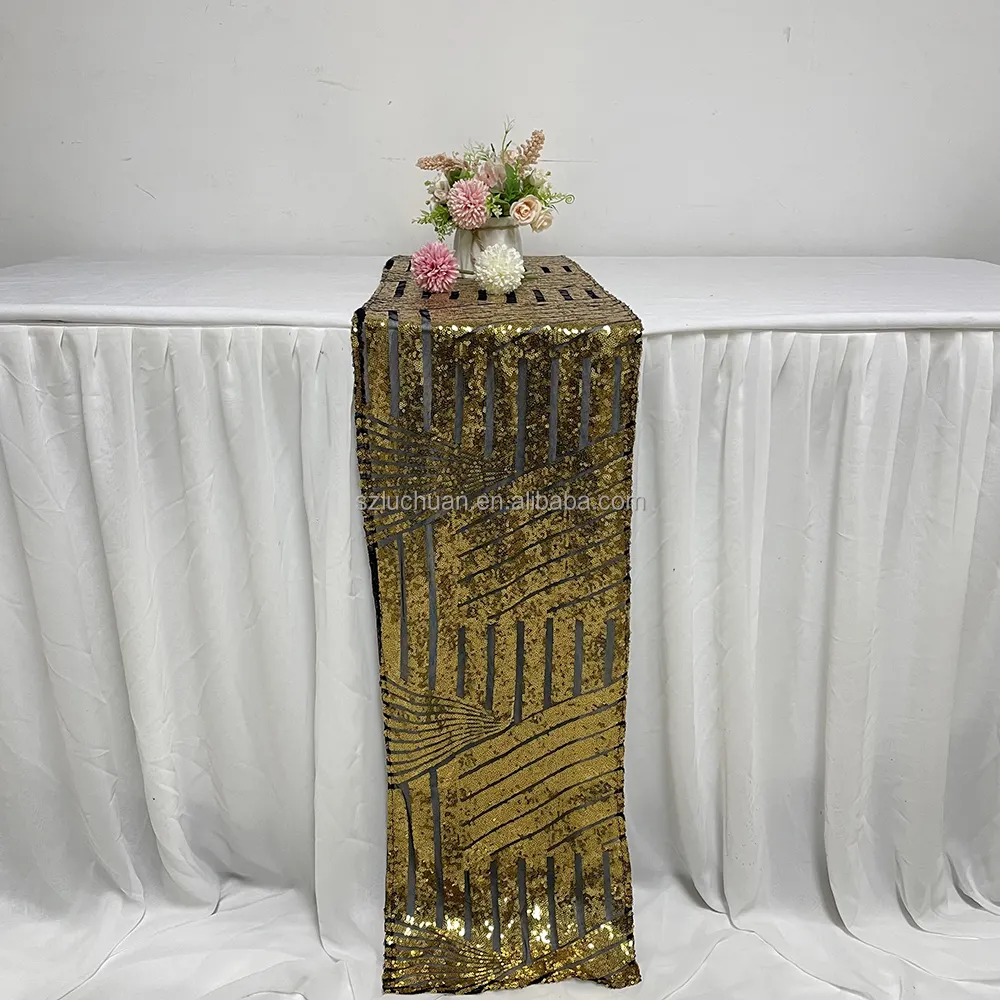 Glitter Gold Sequin Fancy Wedding Table Runner for Square Tables