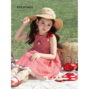 YOEHYAUL X4921 vestidos de verano a cuadros rojos para niños, vestidos de setas para niños pequeños, camiseta de manga corta para niñas, conjunto de pantalones para niñas - Product Image 2