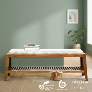 Banco para Pie de Cama de Madera de Teca Sólida con Cojín de Tela Extraíble y Estante, Mueble de Dormitorio de Estilo Contemporáneo Vintage - Product Image 3