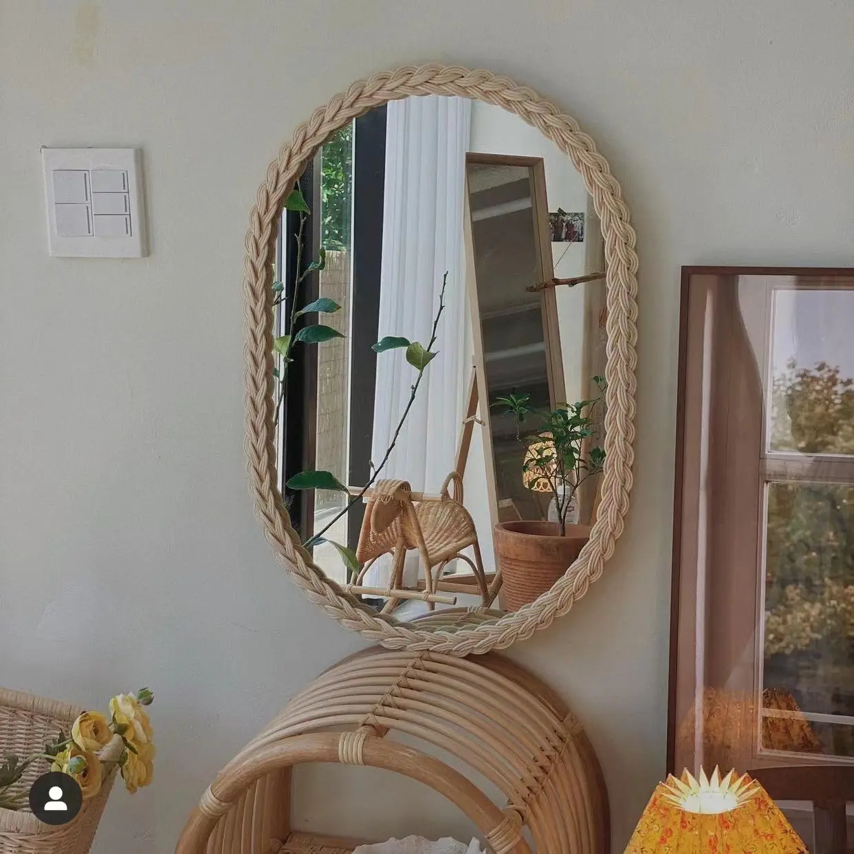 Nordic New Style einfache Rattan Spiegel Ovale Kommode dekorative Spiegel Retro-Stil Wandbehang Spiegel