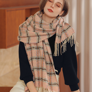Wholesale Striped Plaid Shawl Elegant Lady Style Oblong Chunky <strong>Loop</strong> Yarn <strong>Scarf</strong> With Tassel - Product Image 1