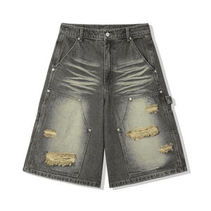 Özel yüksek kalite Vintage orta katlı erkek <span class=keywords><strong>Denim</strong></span> şort gevşek sıkıntılı asit-yıkanmış Trendy kot erkekler için kısa - Product Image 4