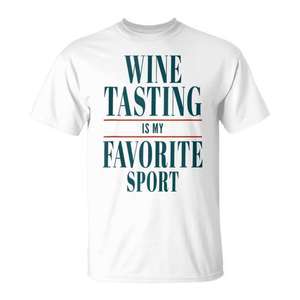 T-shirt unisexe pour adulte, blanc, à manches courtes, col rond, avec inscription « La dégustation de vin est mon sport préféré » - Product Image 1