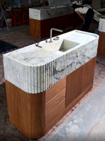 Meuble-lavabo mural rectangulaire moderne en marbre naturel avec façade cannelée, vente directe usine en gros