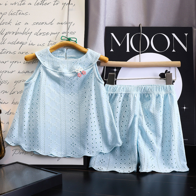 Summer Girls Clothing Sets Children's Fashion Outfit 2 Piece Suit Solid Colors Sleeveless T-Shirt + Shorts Clothes for Kids