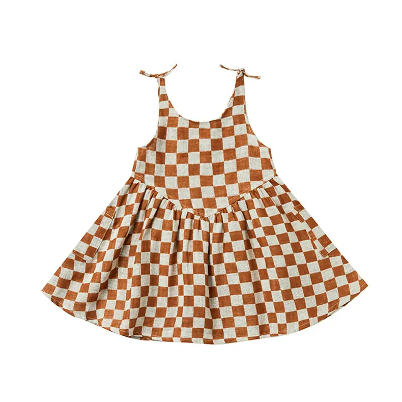 Custom Kids Summer Wear Sweet Kids Sundress Tan Checkered Clothes Little Girls Linen Dress