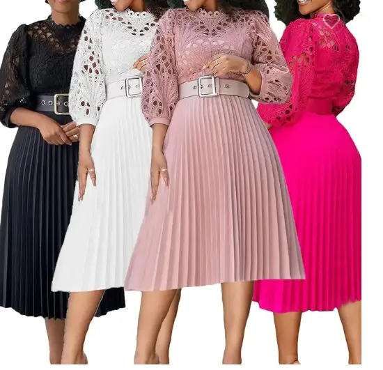 2023 women's big size clothing crochet lace dress pleated dress plus size long sleeve white church evening dresses