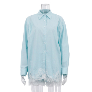 <b>Women's</b> Light Blue <b>2</b> <b>Piece</b> Shorts Set Lace Trim Oxford Shirt Loose Fit Turn-down Collar Casual Spring Summer <b>Outfit</b> - Product Image 5
