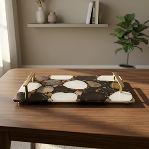 Handmade <b>Black</b> Agate Stone Serving Tray with Gold Metal Handles Rectangular Decorative Kitchen Coffee Table Home Display Decor - Product Image 1