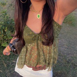 Forest Style Vintage <strong>Green</strong> Lace <strong>Cami</strong> <strong>Top</strong> Women Irregular Design Sexy V Neck Lightweight Summer <strong>Top</strong> - Product Image 3