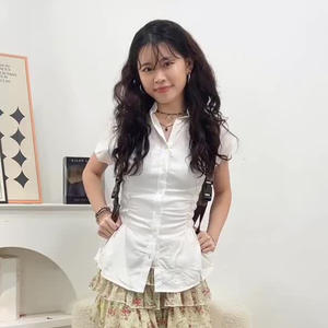 Blusa Elegante de Corte Regular para Mujer, Color Sólido, Manga Corta, Primavera/Verano, Camisa Chic con Cintura Ajustada, Top de Oficina - Product Image 4