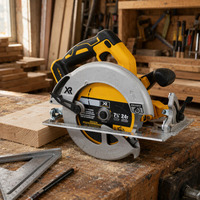 Scie circulaire sans fil avec frein électrique et poignée auxiliaire pour une coupe du bois et des travaux de menuiserie en toute sécurité sur chantier