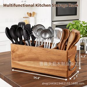 New solid wood five-compartment <b>kitchen</b> cutlery storage box with handle and compartments for organizing cutlery. - Product Image 4