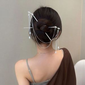 Horquillas de aleación con doble flor, borlas y perlas, soporte para moño, joyería para el cabello, horquillas estilo chino con diseño de abanico, accesorios para el cabello Cheongsam - Product Image 1