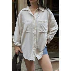 Chemise boutonnée oversize naturelle pour femme, chemisier décontracté en popeline, style quotidien, design simple, manches longues, coupe ample - Product Image 6