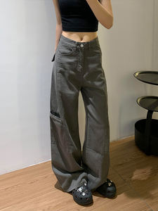 <span class=keywords><strong>Pantaloni</strong></span> <span class=keywords><strong>Cargo</strong></span> larghi grigio retrò americano da <span class=keywords><strong>donna</strong></span> a vita media con cerniera Casual nuovo stile autunnale Plus Size ampia Fit - Product Image 4