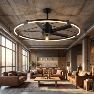 42 Inch Modern Industrial DC Motor Fandelier Ceiling Fan with LED Ring Light, Ultra Quiet Operation, Project & Wholesale Supply
