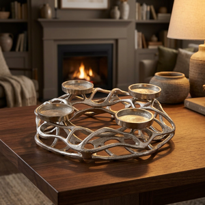 Support de bougie chauffe-plat en aluminium argenté Ambient Living à 4 bras, résistant à la chaleur, décoration d'intérieur, candélabre en métal - Product Image 2