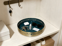 Plateau rond en fer à bord doré, finition thermolaquée verte, pour la décoration de la maison, organiseur de cosmétiques et de collations