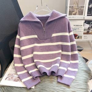 Autumn Winter Women's <strong>Striped</strong> Polo Collar Pullovers Sweater Half Zip Loose Lazy Warm Long Sleeve <strong>Jumper</strong> - Product Image 4