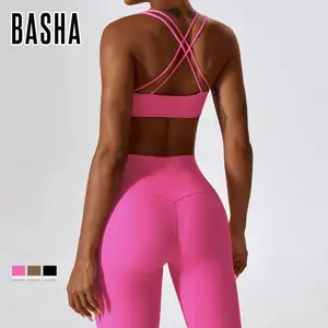 BASHAsports Nude fellling Barbie Pink Set untuk wanita kecantikan kembali Bra olahraga pinggang tinggi bokong latihan mengangkat celana Yoga untuk wanita