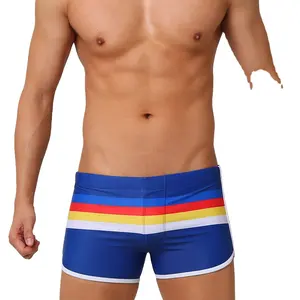 Nueva llegada Gay deportes hombres playa raya Split natación corto tronco traje de baño ropa de playa Sexy