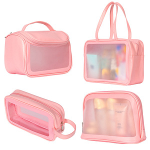 กระเป๋าเครื่องสำอางเดินทางมีซิปกึ่งใสทำจาก PU กระเป๋าแต่งหน้า PVC ใสมีตัวอักษรแฟชั่นออกแบบได้ตามต้องการ - Product Image 5