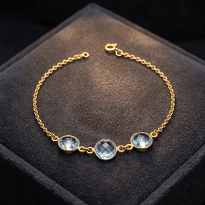 Brass Triplet <b>Chain</b> Bracelet with Blue Crystal Gemstones Delicate Children's Ethnic Bracelet with Three Blue Crystal Stones - Product Image 2