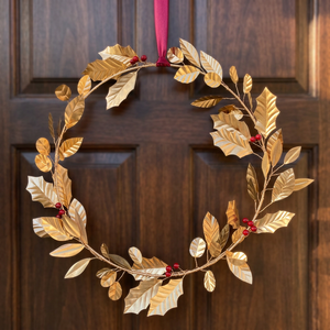Corona de Hojas Doradas, Decoración Circular para Colgar en la Pared, Diseño Floral Botánico Moderno Navideño, Pieza Única - Product Image 3