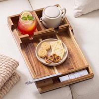 Akazienholz-Couch-Tablett mit Handyhalterung zwischen den Kissen, klappbarer Sofatisch für Ecksofa-Armlehnen-Organizer für Getränke und Snacks