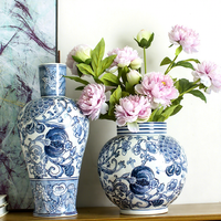 Jingdezhen F vas porselen biru putih, gaya Tiongkok bunga simulasi transparan keramik pintu masuk ruang tamu rumah tangga