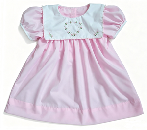 Robe rose fleurie pour filles, col carré blanc, bordure perlée, broderie florale en forme de cœur, manches bouffantes, vêtements de fête pour tout-petits - Product Image 1
