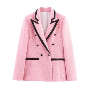 Chaqueta Blazer de Tweed Casual de Manga Larga con Doble Botonadura para Mujer, Color Rosa con Cuello de Solapa - Product Image 1