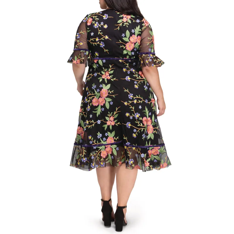 New Fashion Women S Casual Plus Size Short Sleeve Ruffled Floral Embroidery Velvet A Line Dress