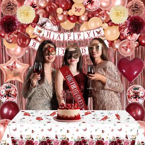 ชุดตกแต่งวันเกิดสีเบอร์กันดี พร้อมป้ายแฮปปี้เบิร์ธเดย์ ลูกโป่ง สายสะพายมงกุฎ ผ้าปูโต๊ะ ผ้าม่านระบาย สำหรับงานปาร์ตี้ของผู้หญิง - Product Image 2