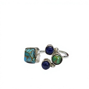 Handmade Turquoise <b>Lapis</b> <b>Lazuli</b> <b>Ring</b> 925 Sterling Silver Square Round Multi Stone Adjustable Band Jewelry - Product Image 2