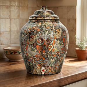 Distributeur d'eau décoratif en cuivre avec robinet, motif Paisley orange - Product Image 4
