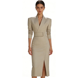 Robe midi à col châle pour femme - Manches longues, ceinturée, moulante, vêtements pour femmes, robes pour femmes, mode - Product Image 2