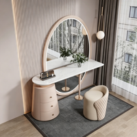 Champagner-Beige Marmor-Waschtisch-Set mit LED-Beleuchtung, Großem Ovalem Spiegel, 3-Schubladen-Schrank und Gestepptem Hocker für Schlafzimmer-Dekoration