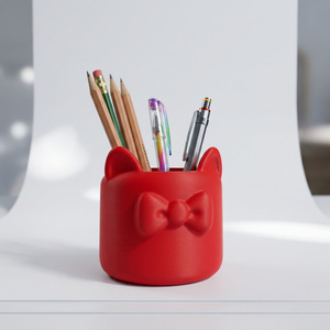 Red Cat Ear Pen Holder With Bowknot Plastic Desk Organizer For Student Office Supplies Round Shape Multicolor Option - Product Image 1
