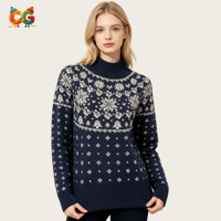 Pull en maille décontracté pour femme, col roulé, motif jacquard Fair Isle flocons de neige et sapins de Noël, collection hiver, fabrication CG EM ODM