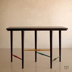 Modern Dark Wooden <b>Console</b> <b>Table</b> Featuring Colorful Turned Spindle Crossbars in Red Yellow <b>Blue</b> and Green Against Neutral Wall - Product Image 2