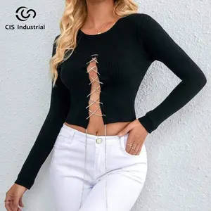 Hot sale blank sweater chain belts crochet crop top y2k fashion round neck pullover long sleeve knitting top for women