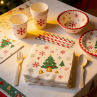 Lot de vaisselle jetable en papier pour Noël, série mignonne et chaleureuse, assiettes et ustensiles de table écologiques pour dîner de fête